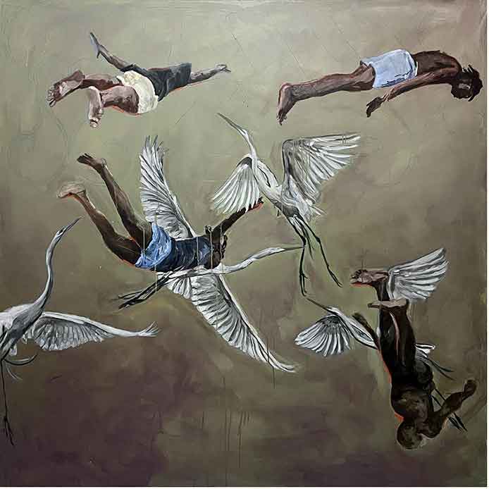 Matheus Marques Abu, O oceano oferece um reflexo mais íntimo de quem somos do que qualquer espelho (The ocean offers a more intimate reflection of who we are than any mirror), 2024.Acrylic on canvas. 150 x 150 cm. 