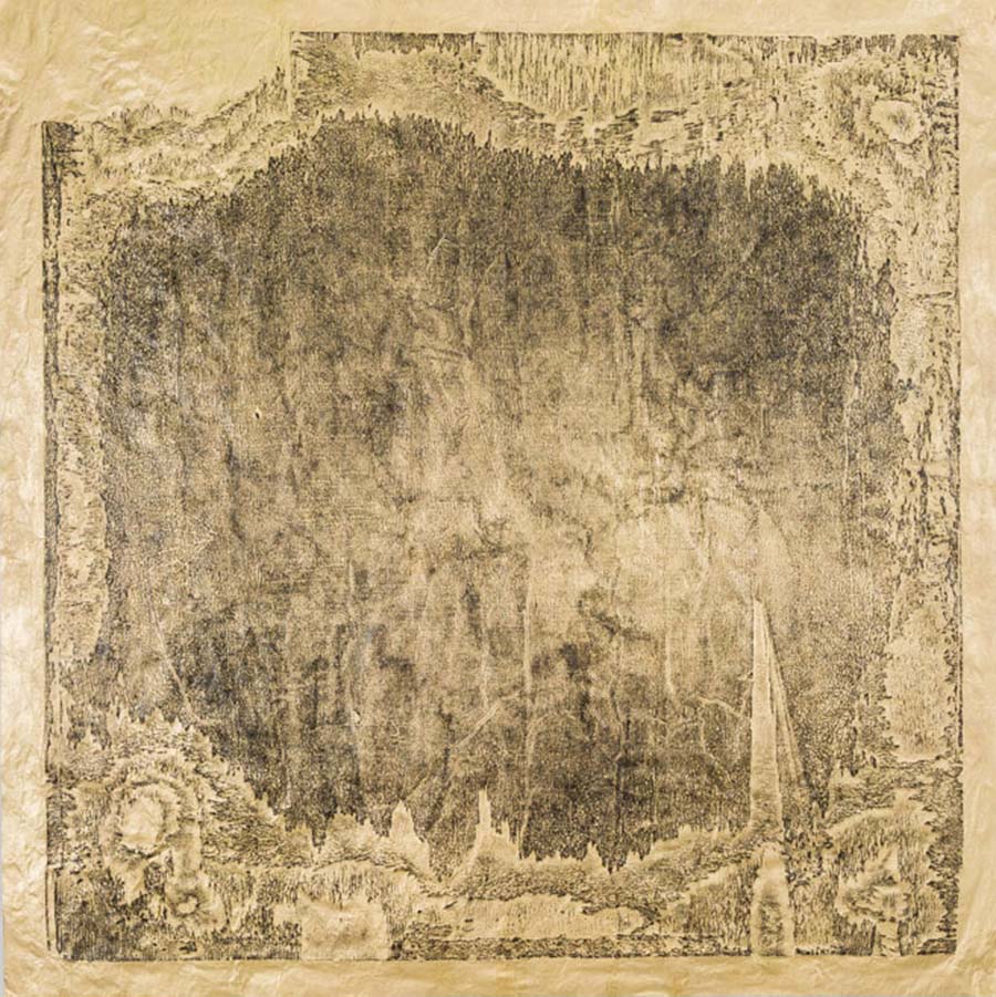 El Anatsui, Untitled (Black on Gold), 2019. Taku-hon rubbing on gold leaf coated Gasenshi paper, 135 x 135 cm. Ed. of 5. 