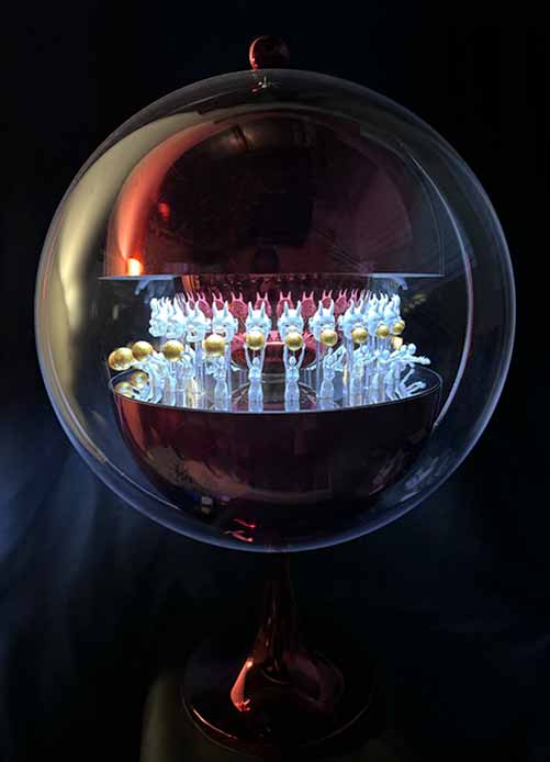 Xu Zhongmin , Egg shape B Red , 2024. Stainless steel, acrylic, aluminium disc, mechanical transmission, LED, PE resin, alloy, 62 x 40 x 40 cm. 