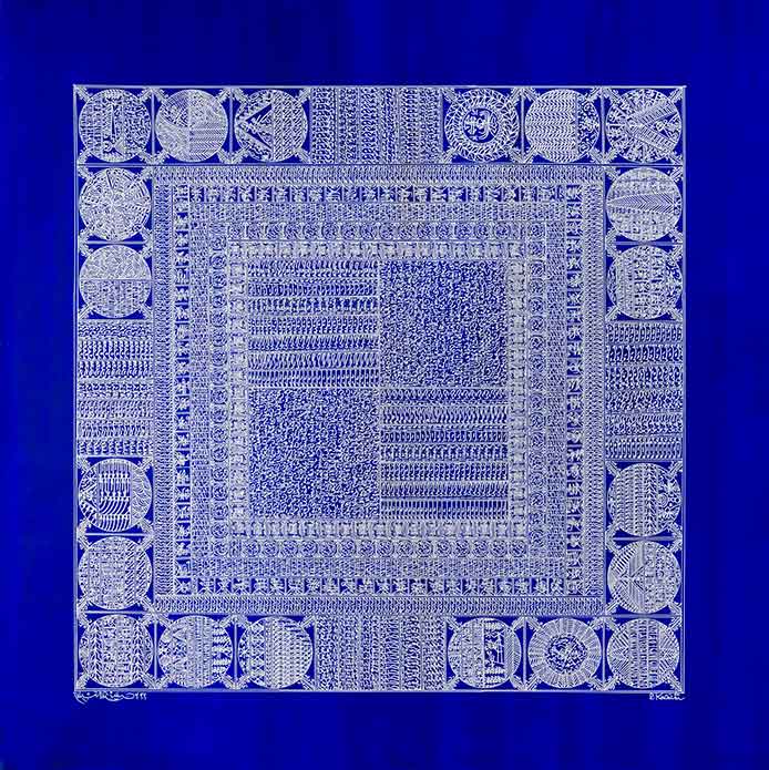 Rachid Koraïchi, Les ailes bleues des Anges, 2022. Acrylic on canvas, 150 x 150 cm. Photo: Oak Taylor-Smith