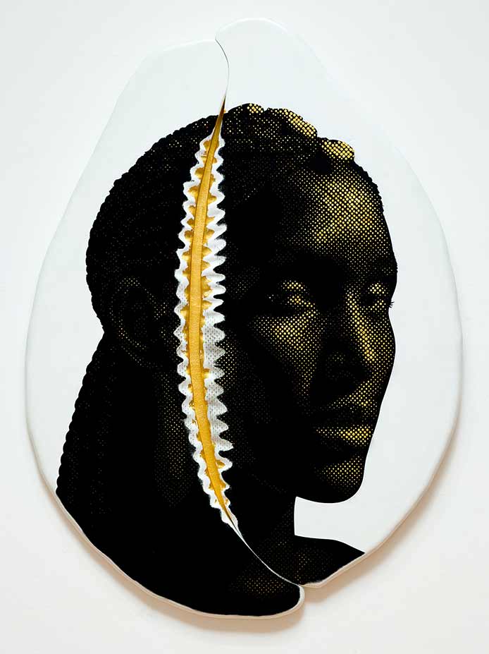 Alexis Peskine, Kékéréké, 2024. White and black paint, archival varnish, 24k gold leaf and nails on wood, 150 x 110 cm. 