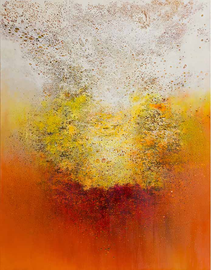 Govinda Sah 'Azad', Incandescence, 2025. Tropical hardwood and tempera, Acrylic on canvas, 180 x 140 cm. 