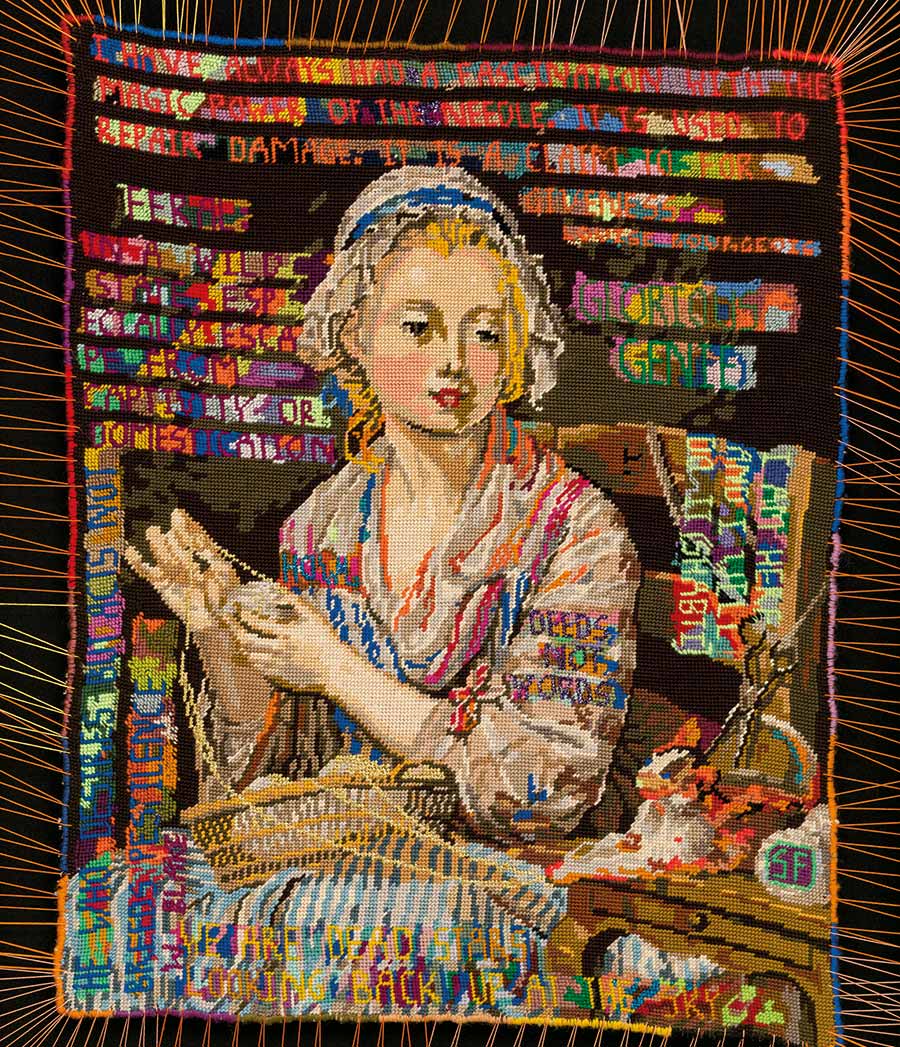 Sylvie Franquet, Oh no, honey, I’m an angel, I swear, 2015. Wool, acrylic and lurex on cotton canvas sewn into ash frame, 86 x 67 cm. 