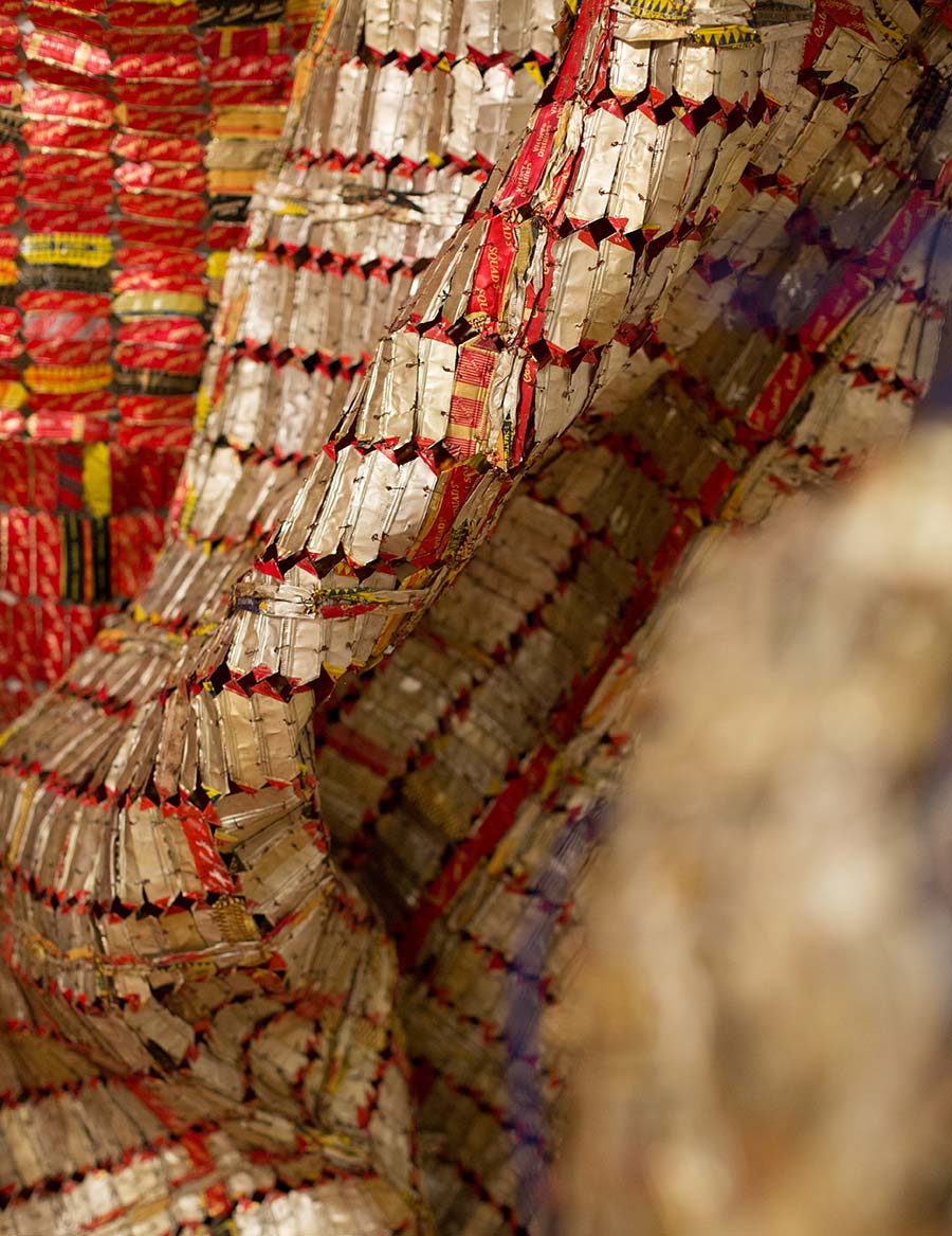 El Anatsui, AG + BA, 2014. Aluminium, copper wire and nylon rope. Dimensions variable. 