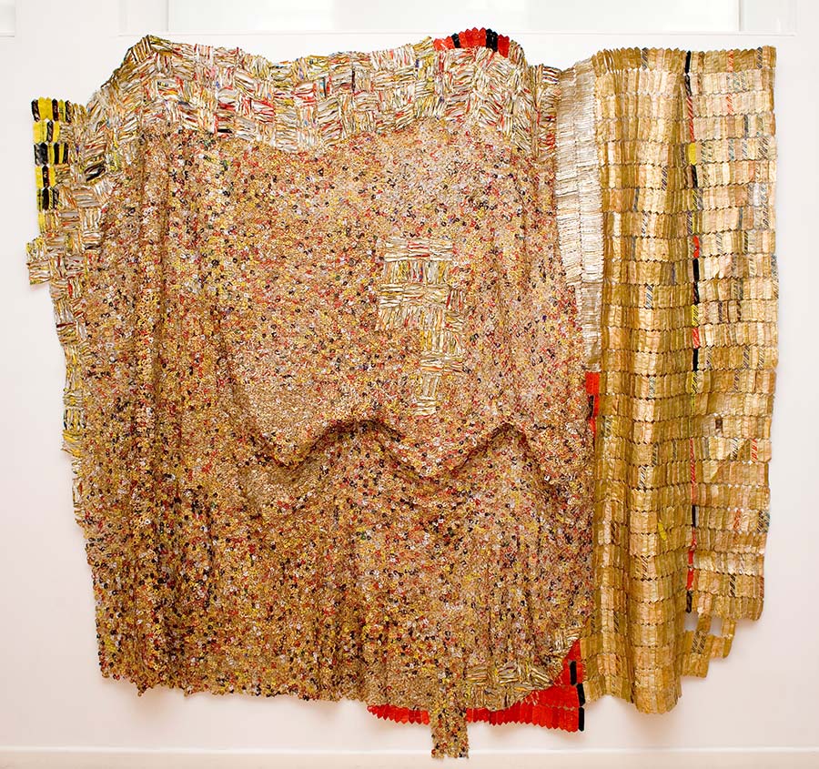 El Anatsui, Insignia, 2008. Aluminium and copper wire, 208 x 350 cm. 