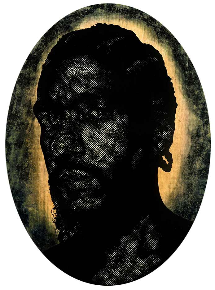 Alexis Peskine, Ifá, 2020. Wagan and Vessie green pigment, nails, green gold leaf, coffee and earth on lumber core wood, 150 x 110 cm. 