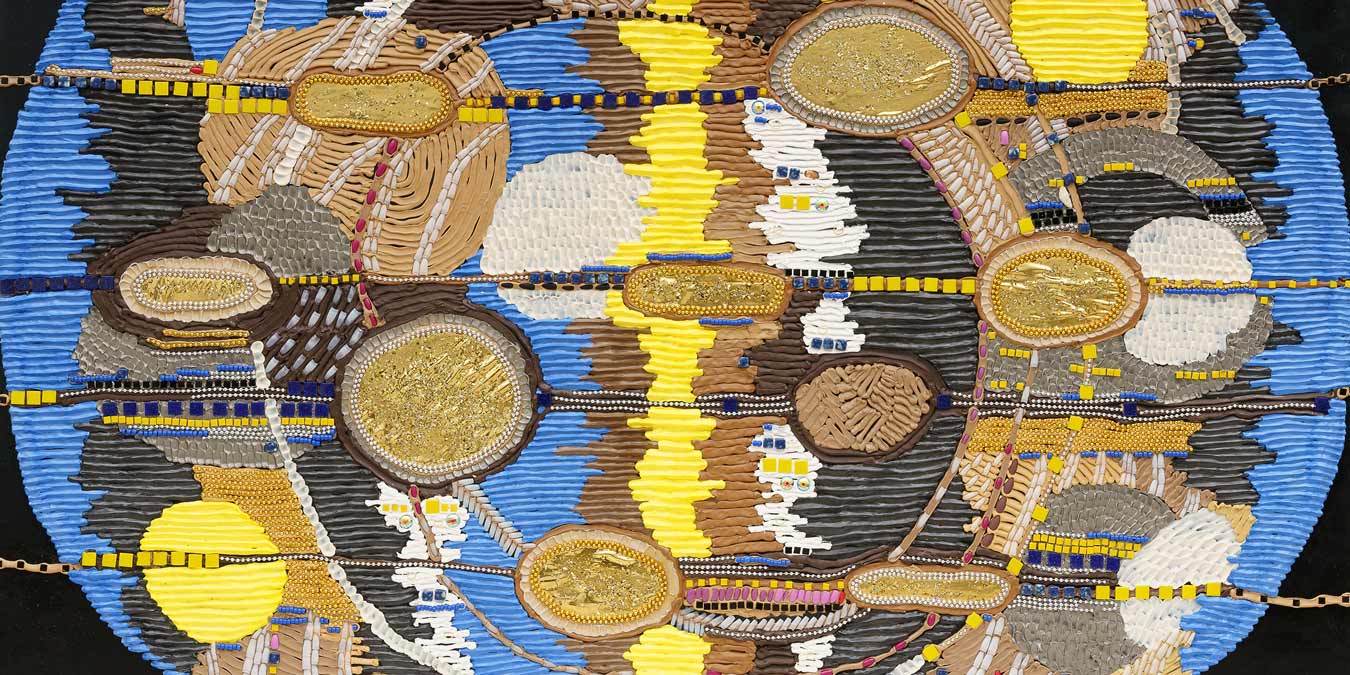 Theresa Weber, Stream Of Consciousness (detail), 2024. Silicone, foam clay, acrylic paste, varnish, beads, acrylic nails, mosaic stones, on wood board, 160 x 200 cm.