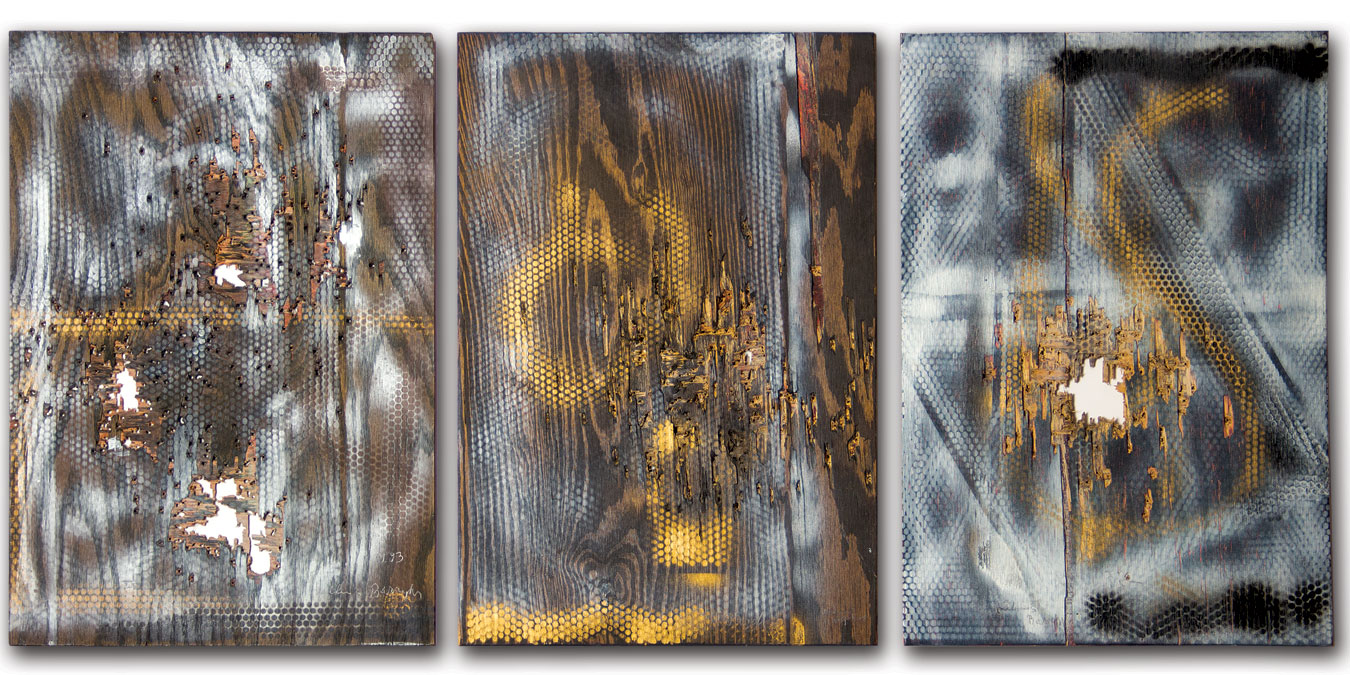 William S. Burroughs, Untitled Triptych, 1993. Spray paint and shotgun blasts on plywood, 57 x 38 cm each.