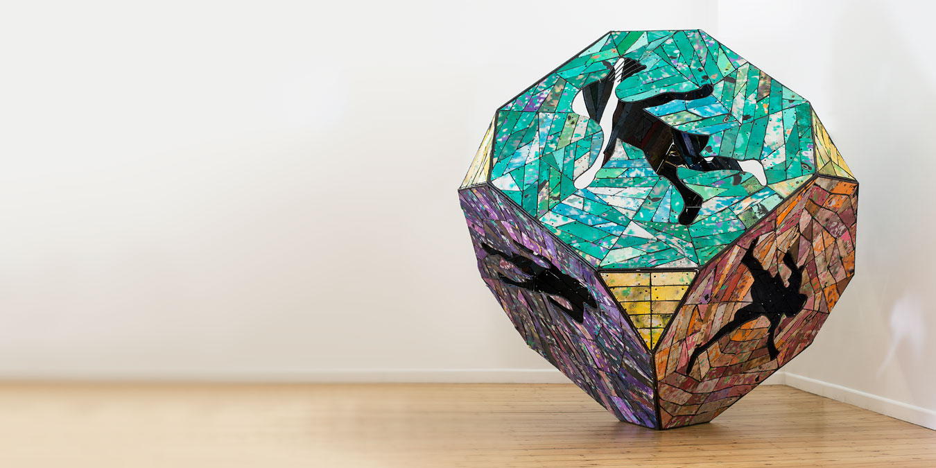 Romuald Hazoumè, Tricky Dicey Die (TDD), 2016. Metal, plastic, wood, mirror, 220 x 220 x 220 cm