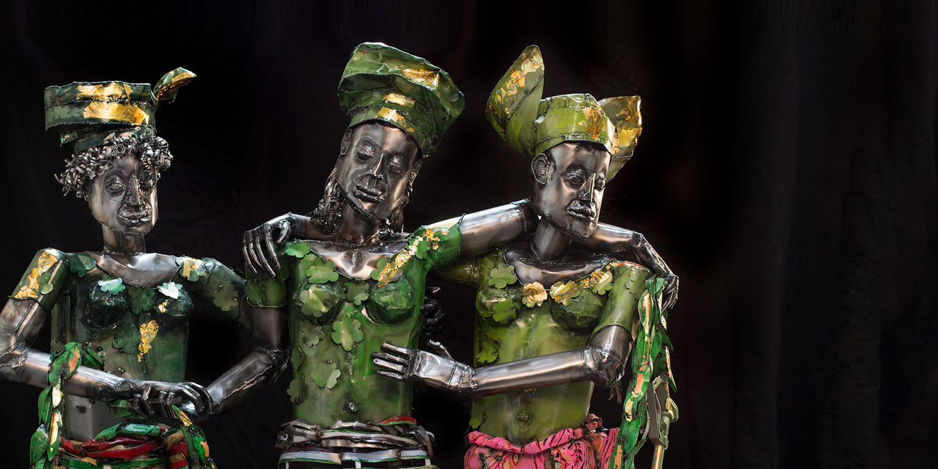 Sokari Douglas Camp, Europe Supported by Africa and America (detail), 2015. Steel, abalone, copper gold and copperleaf and petrol nozzles, 200 x 181 x 93 cm.