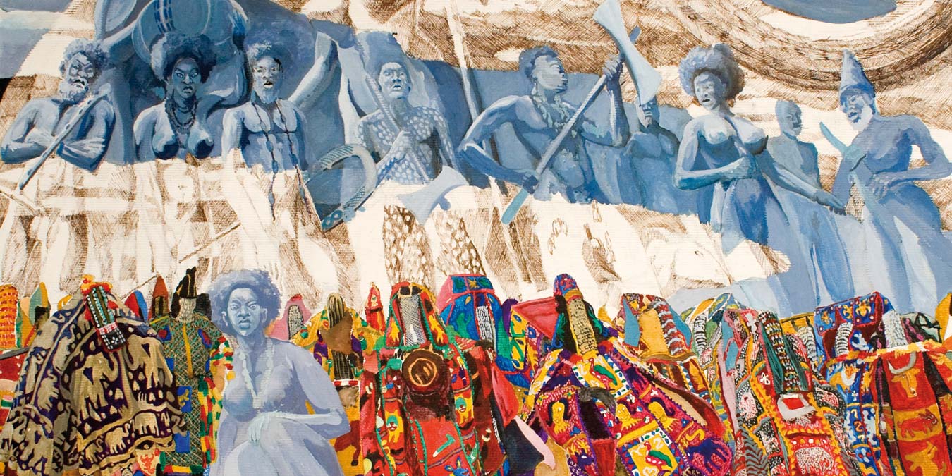 Julien Sinzogan, Etat d’esprits: ceux d’Ifè (Spirit Worlds: Those of Ifè) (detail), 2010.Coloured inks on paper, 105 x 100 cm.