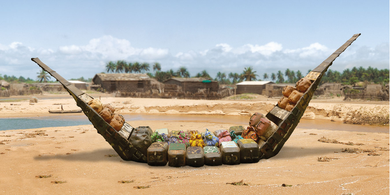 Romuald Hazoumè, Cry of the Whale, 2016. Metal, plastic, wood, fabrics, 250 x 650 x 140 cm.