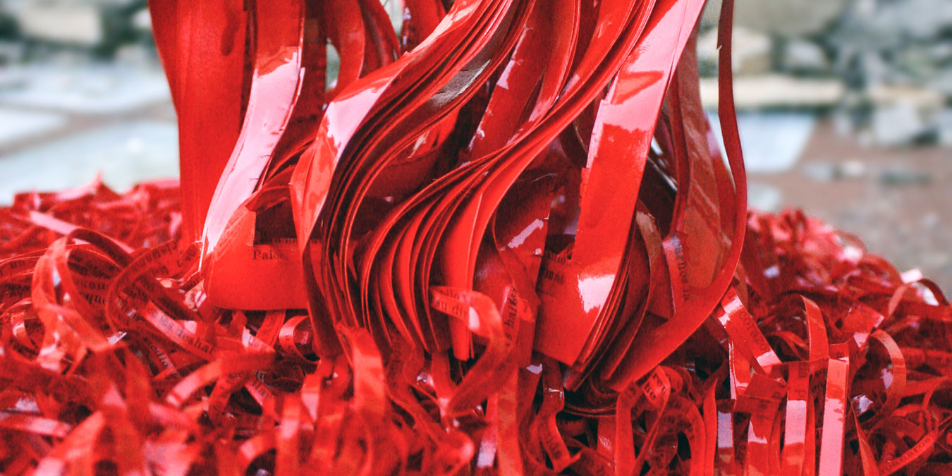 Jukhee Kwon,Red Presence, 2013. Magazine paper and acrylic paint, ca. 190 x 140 x 140 cm.