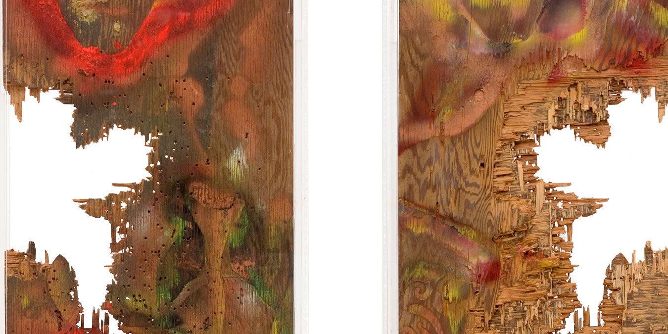 William S. Burroughs, Ten Gauge City, 1988. House paint on wood panel with gunshot holes in a plexi-glass case, 102 x 46 x 18 cm.