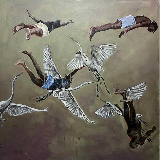 Matheus Marques Abu, O oceano oferece um reflexo mais íntimo de quem somos do que qualquer espelho(The ocean offers a more intimate reflection of who we are than any mirror) (detail), 2024. Acrylic on canvas, 150 x 150 cm.