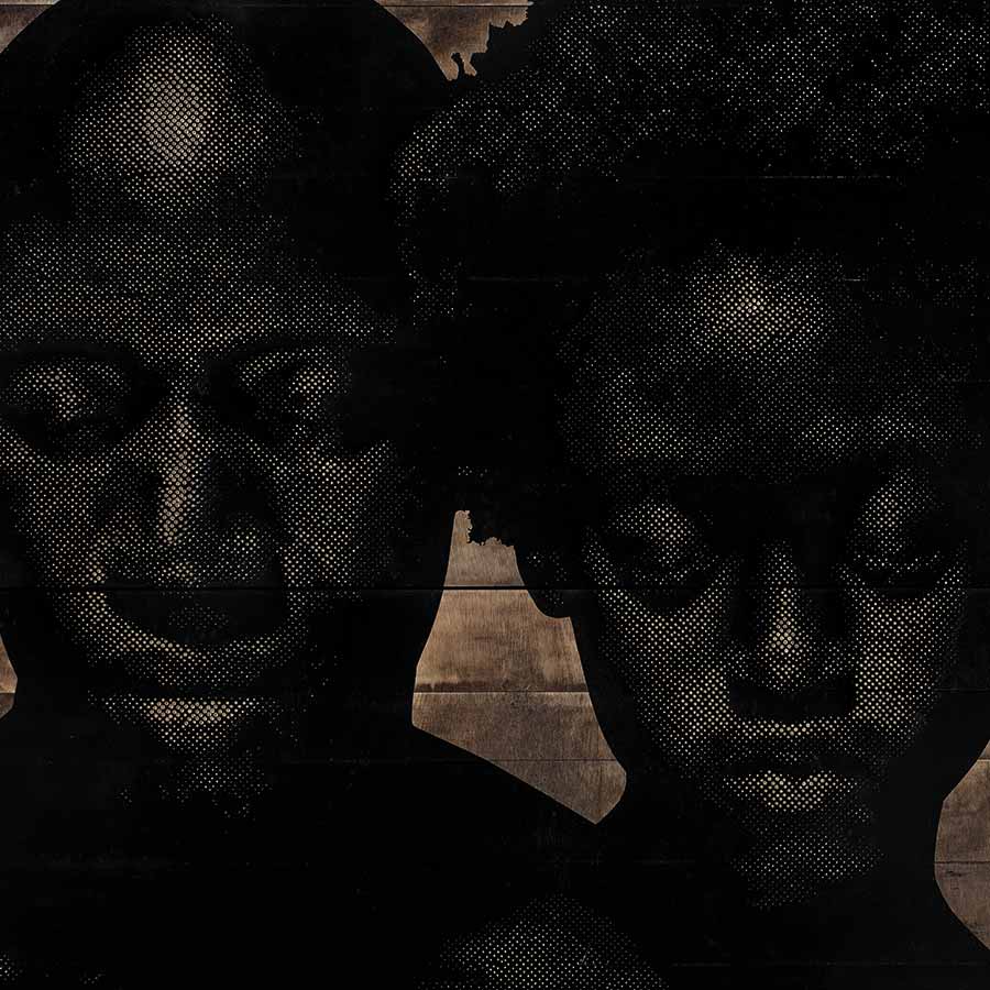 Alexis Peskine, Power, 2017. Moon gold leaf on nails, earth, coffee, water and acrylic on wood, 195 x 250 cm.