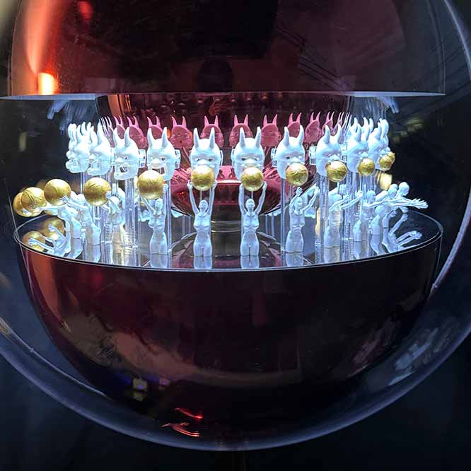 Xu Zhongmin, Egg shape B Red, 2024.Stainless steel, acrylic, aluminium disc, mechanical transmission, LED, PE resin, alloy, 62 x 40 x 40 cm.