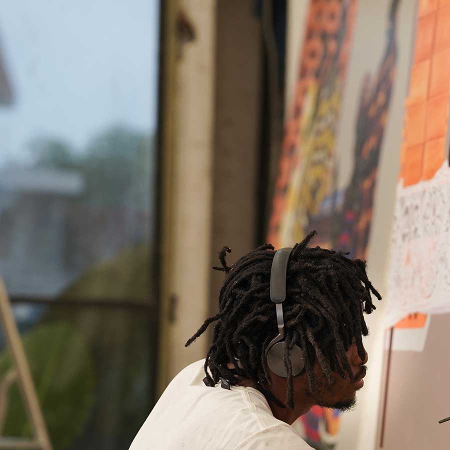 Eddy Kamuanga Ilung working in his studio in Kinshasa, 2021. Photo: Ray Kamena.