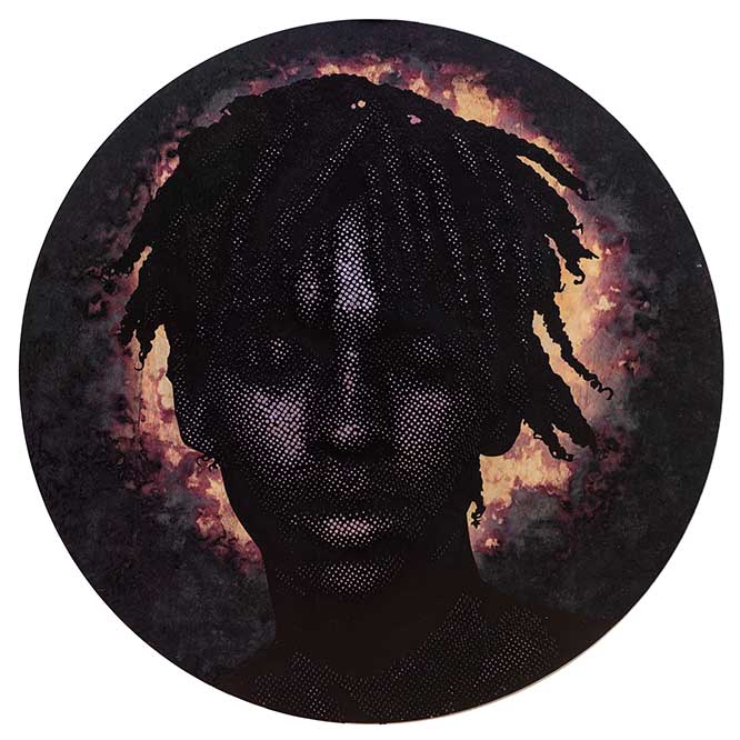 Alexis Peskine, Ebandeli, 2023. Purple Japanese oxidised silver leaf, nails, black pigment and red hibiscus on wood, 120 x 120 cm.