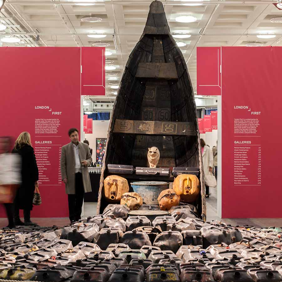 Romuald Hazoumè, Rat Singer: Second Only to God!, 2013 at ART14, Olympia Grand Hall, London.