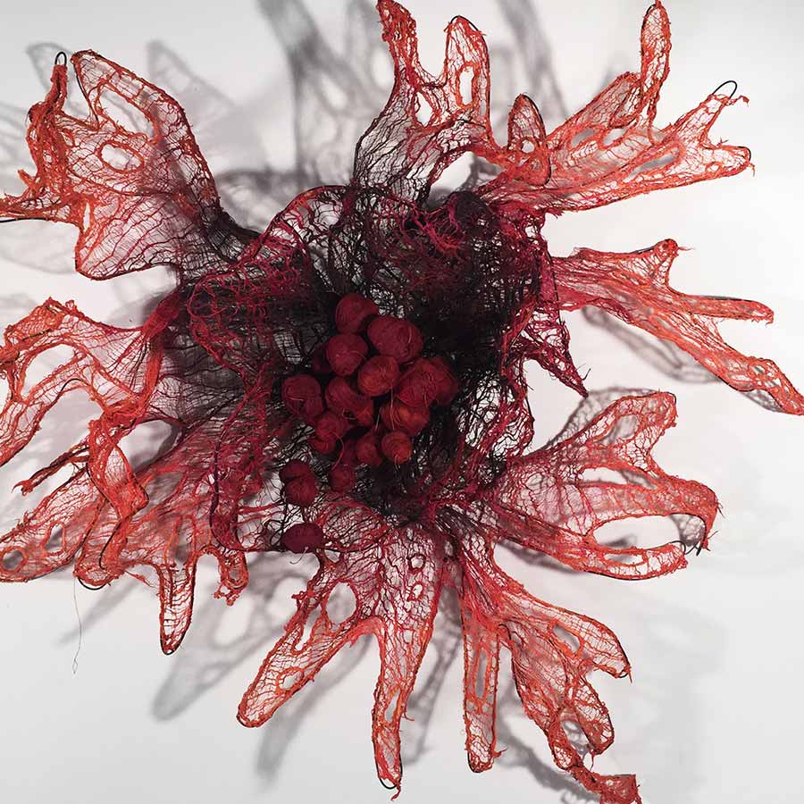 Nnenna Okore, Ihe Di Ife (detail), 2017. Cheesecloth, burlap. jute strings. dye and wire, 127 x 173 x 23 cm.