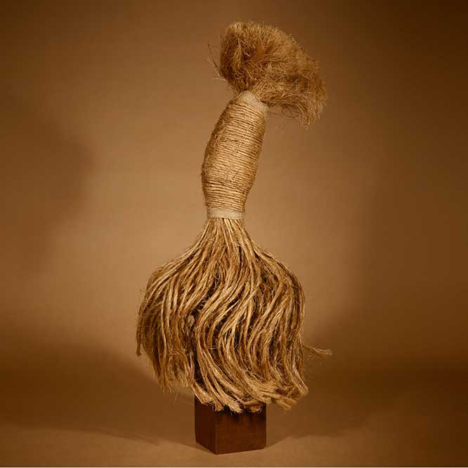 LR Vandy, Dancing in Time: Twist, 2023. Manilla rope, wood, jute, brass, 66 x 15 x 14 cm.