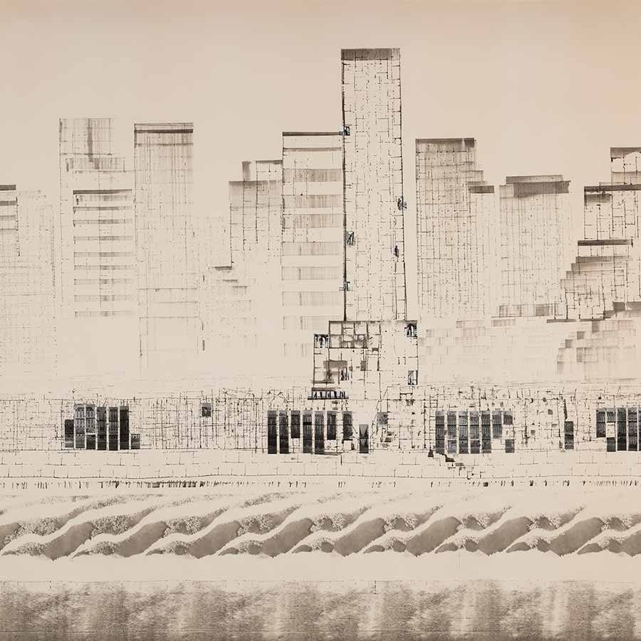 Brion Gysin, Pals popping out of windows, 1975. Ink, gouache and photographic collage on paper, 174 x 275 cm.