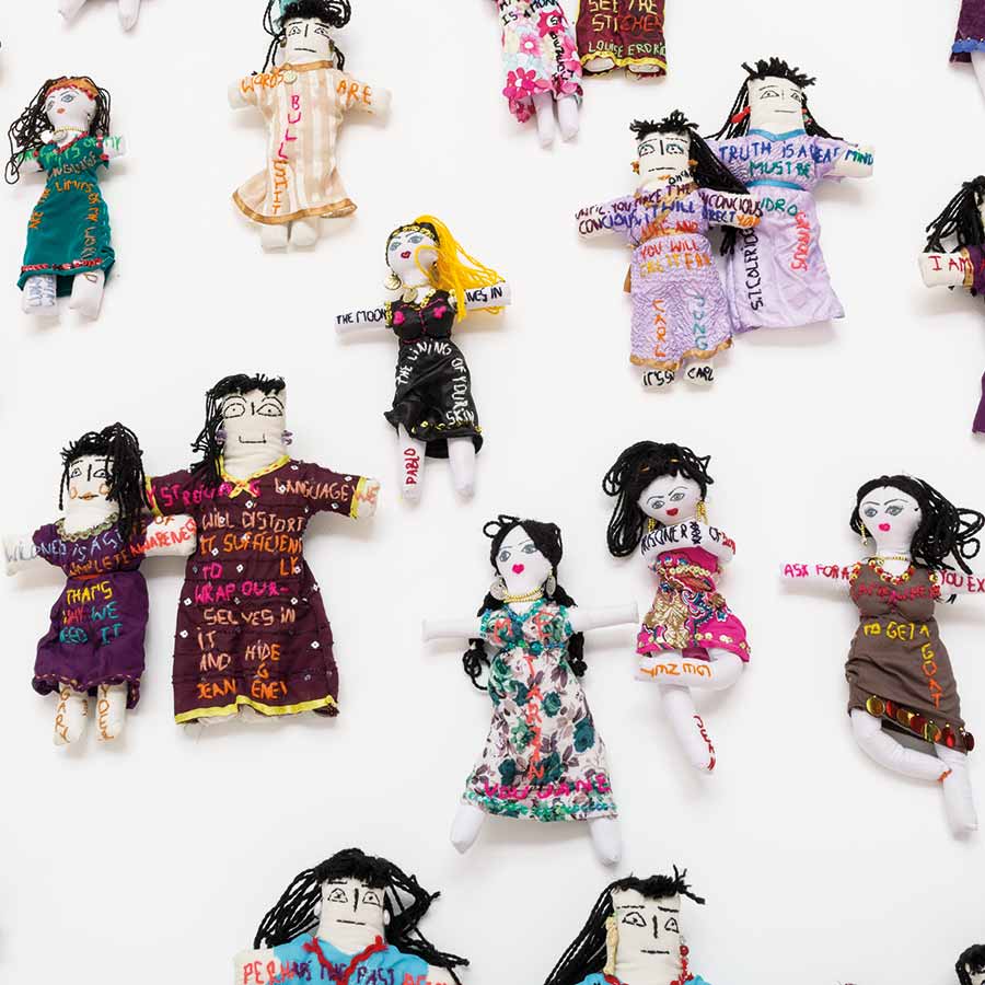 Sylvie Franquet, The Wayward Sisters (detail), 2016. Installation of 99 rag dolls commissioned in Egypt, embroidered with wisdoms, poems, thoughts and text messages.
