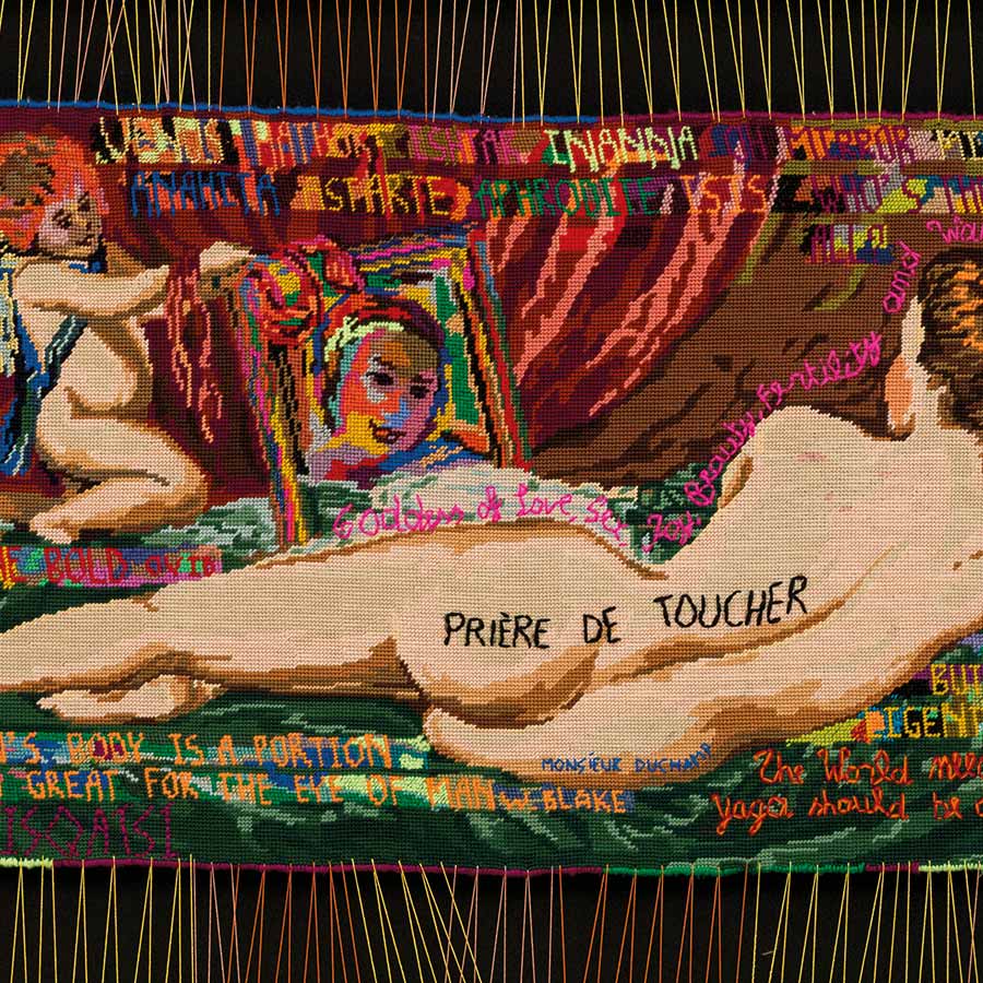 Sylvie Franquet, Ok, Be Like That! (detail), 2016. Wool, acrylic and lurex on cotton canvas sewn into oak frame, 72.5 x 132 cm.