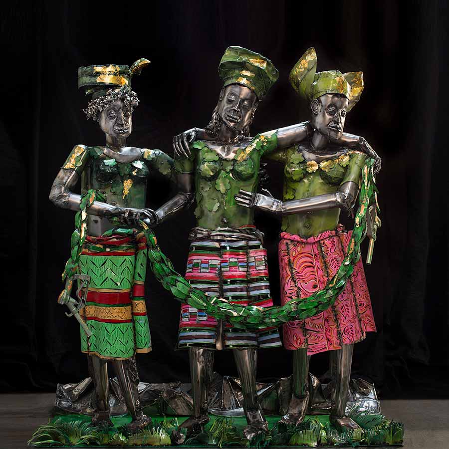 Sokari Douglas Camp, Europe Supported by Africa and America (detail), 2015. Steel, abalone, copper gold and copperleaf and petrol nozzles, 200 x 181 x 93 cm.