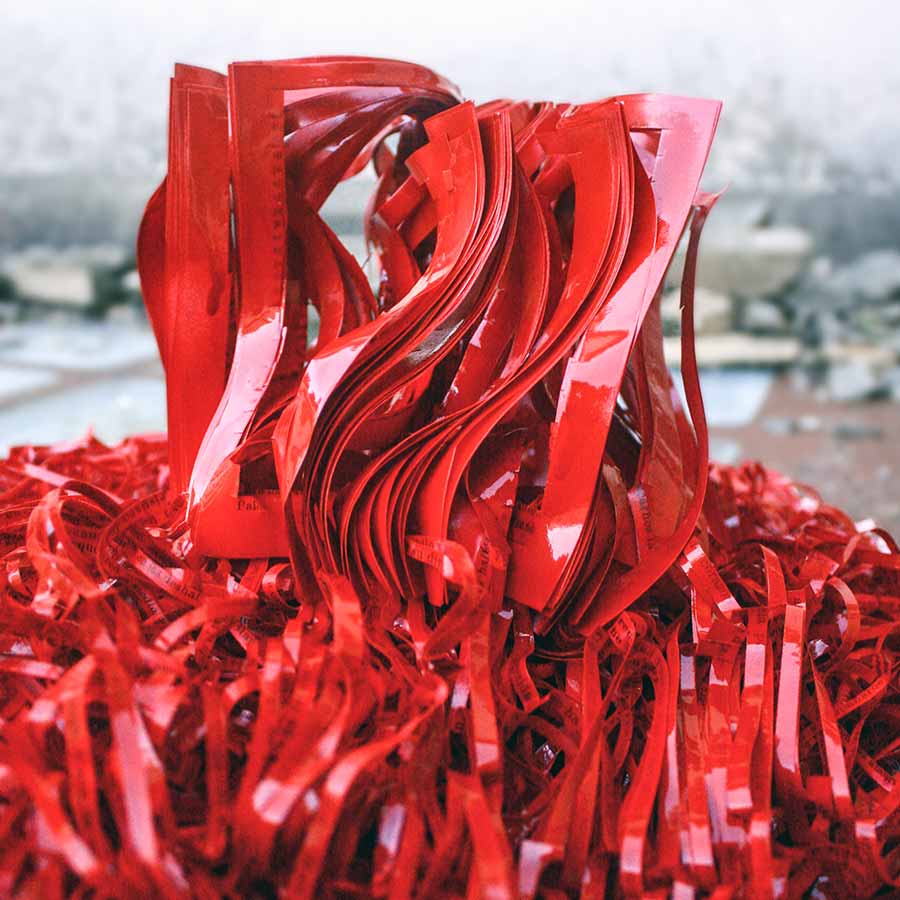 Jukhee Kwon,Red Presence, 2013. Magazine paper and acrylic paint, ca. 190 x 140 x 140 cm.