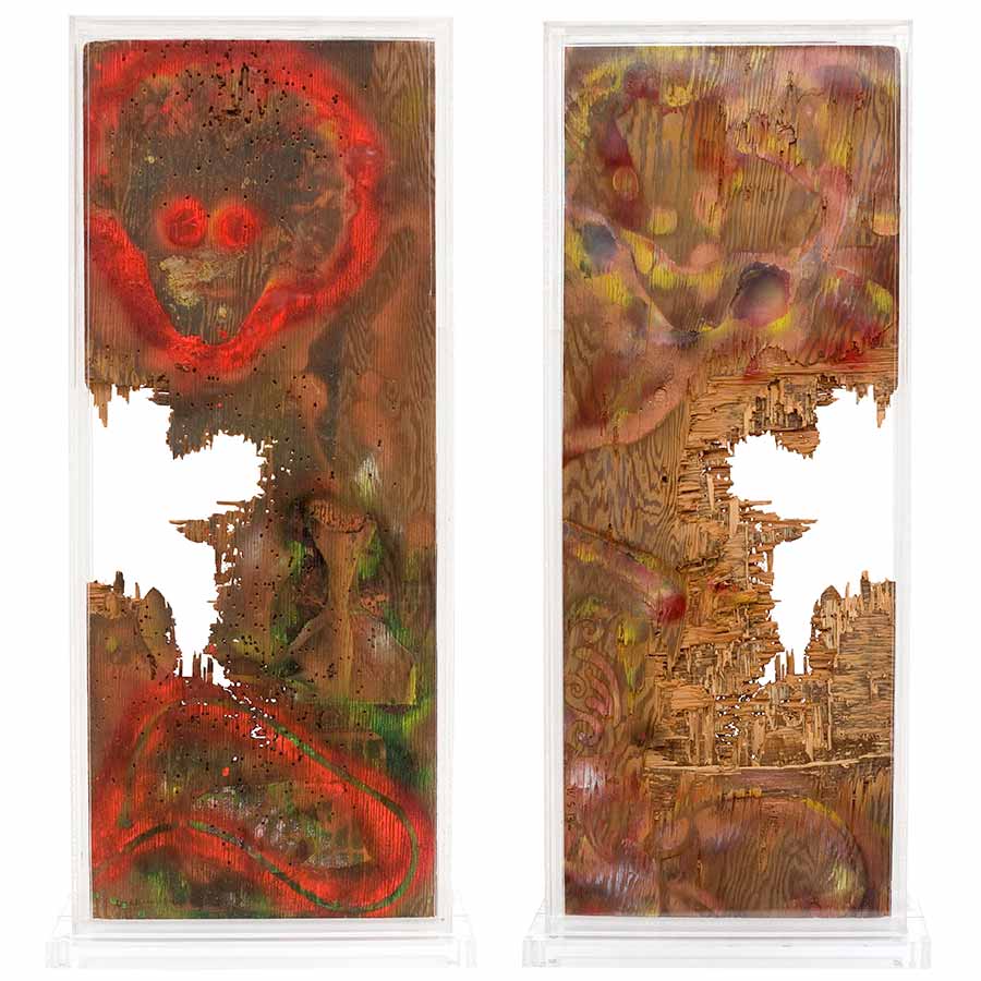 William S. Burroughs, Ten Gauge City, 1988. House paint on wood panel with gunshot holes in a plexi-glass case, 102 x 46 x 18 cm.